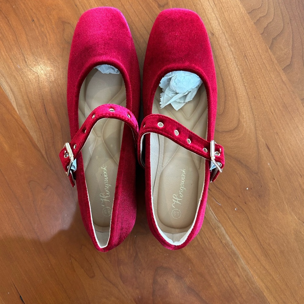 Red and Tan Mary Jane Flats with Strap